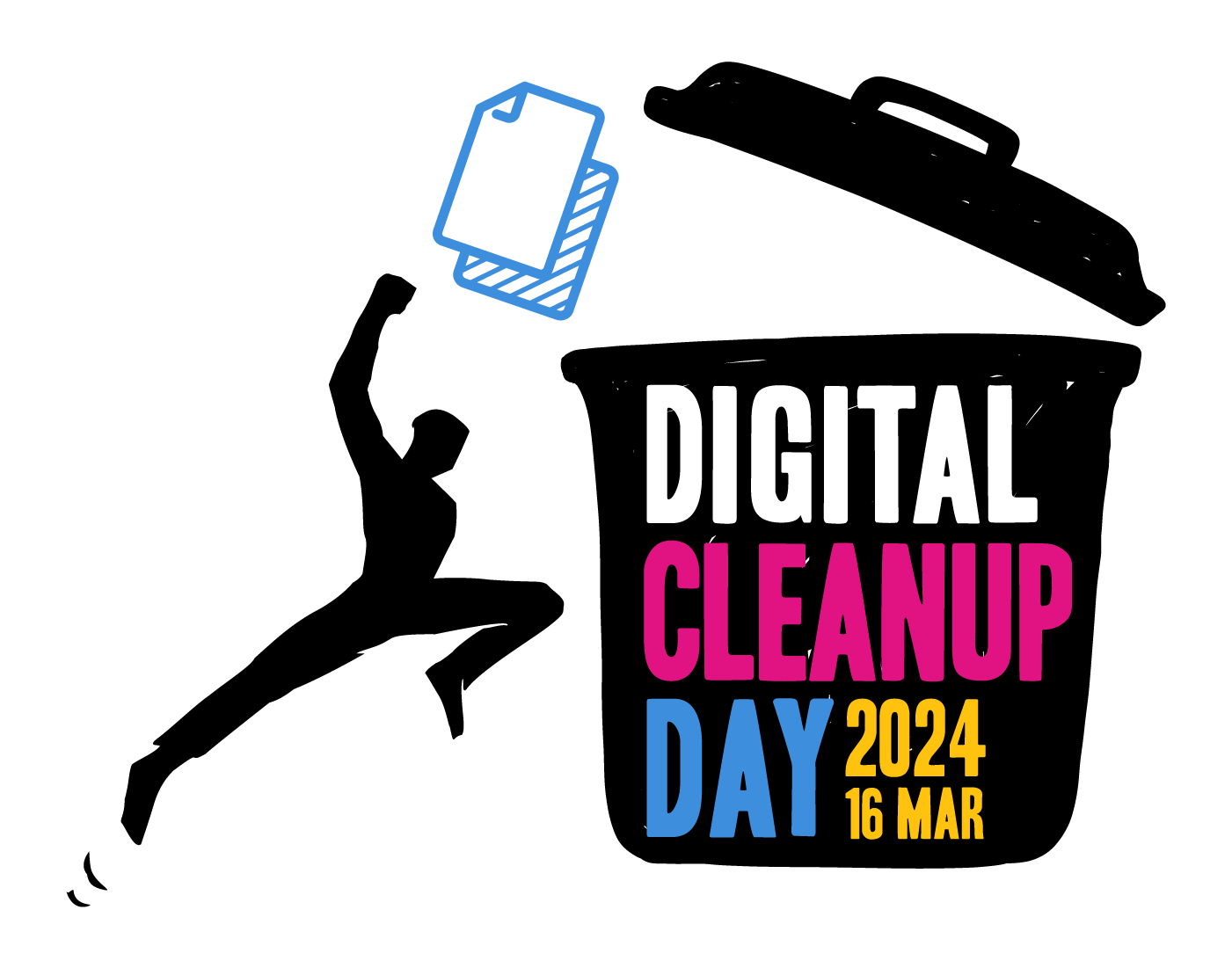 Logo du digital cleanup day du 16 mars 2024. On voit une ombre sauter pour mettre des fichiers dans une poubelle sur laquelle sont inscrits les mots "digital cleanup day 2024 16 MAR"