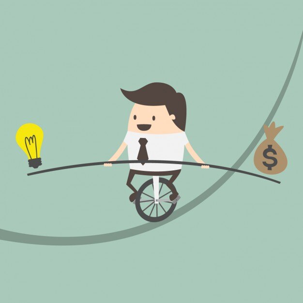 Image d'un personnage sur un monocycle roulant sur une corde. il tient dans les mains une perche avec à une extrêmité une ampoule et à l'autre un sac avec un dollar.