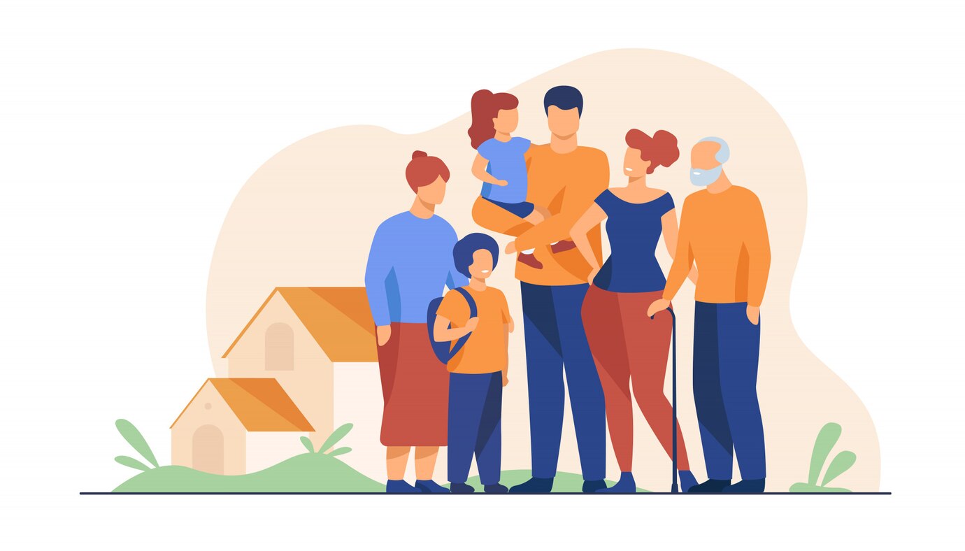 Image représentant une famille de deux parents, deux enfants et deux grand-parents. Une maison en arrière-plan.