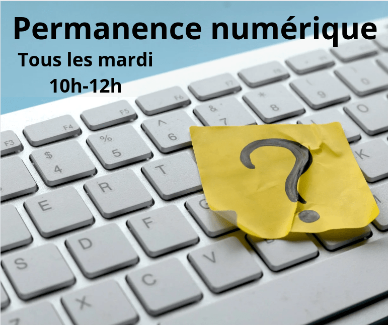 Photo d'un clavier sur lequel est collé un post-it avec un point d'interrogation. Texte : Permanence numérique Tous les mardi 10h - 12h