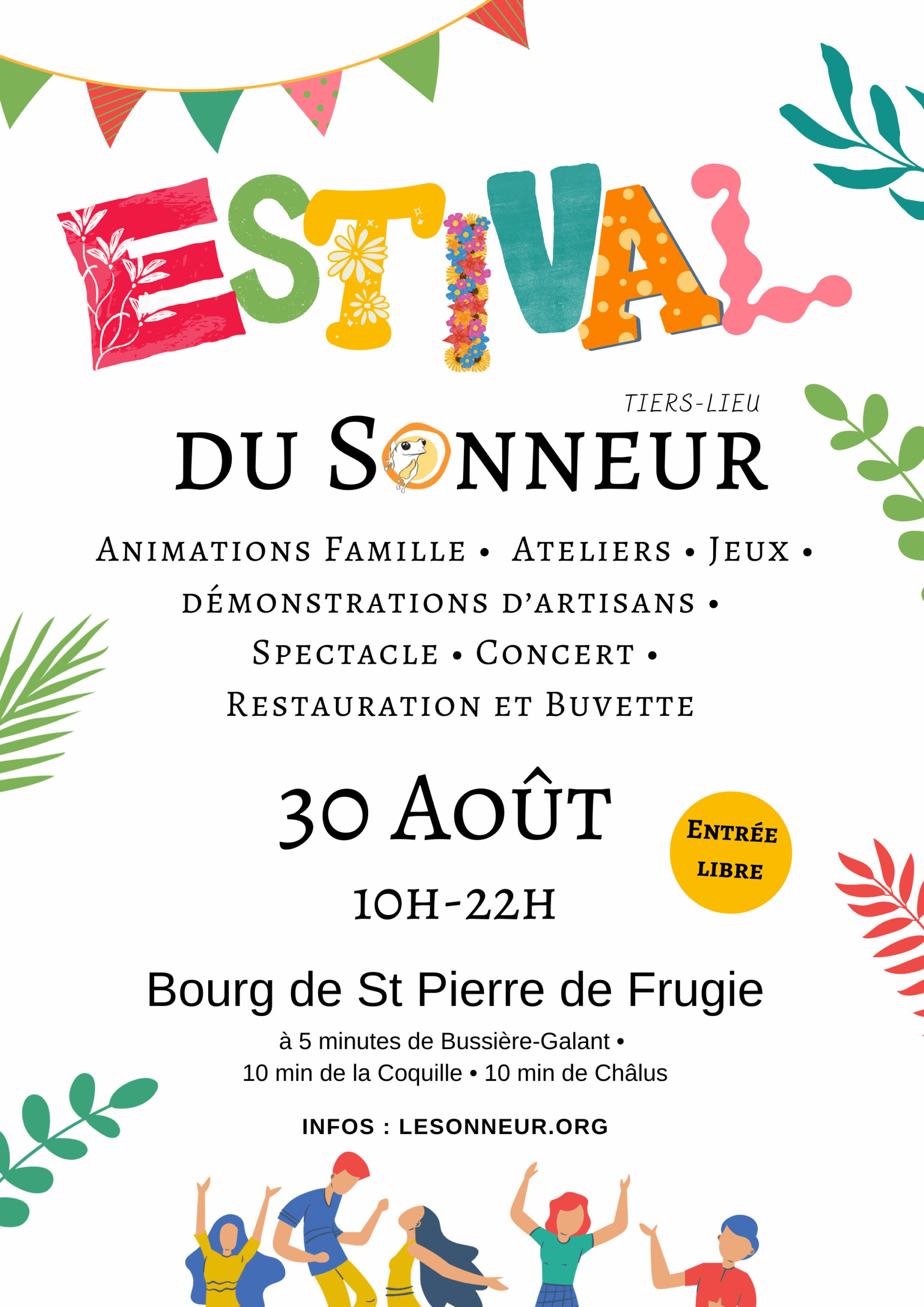 Estival du sonneur, Animations famille, ateliers, jeux, démonstrations d'artisans, spectacle, concert, restauration et buvette 30 août 2025, entrée libre 10h - 22h Bourg de saint pierre de frugie